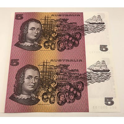 Uncut Pair of Five Dollar Australian Banknotes