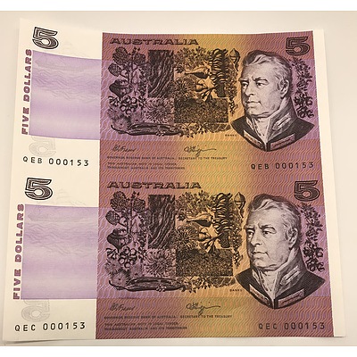 Uncut Pair of Five Dollar Australian Banknotes