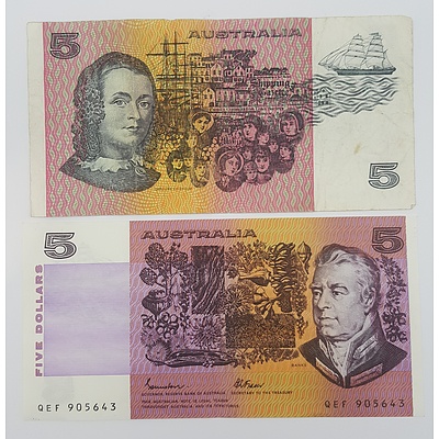Error Note and Normal Australian Five Dollar Note