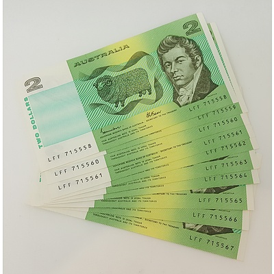 Run of 10 Consecutive Serial Numbered 1985 Last year of Issue $2 Australian Paper Notes