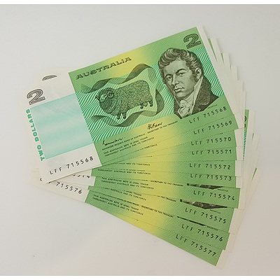 Run of 10 Consecutive Serial Numbered 1985 Last year of Issue $2 Australian Paper Notes