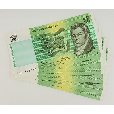 Run of 6 Consecutive Serial Numbered 1985 Last year of Issue $2 Australian Paper Notes