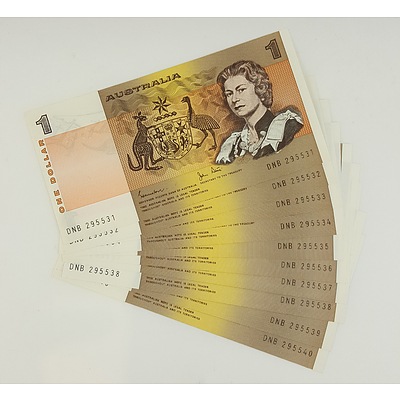 Run of 10 Consecutive Serial Numbered 1982 Last year of Issue $1 Australian Paper Notes