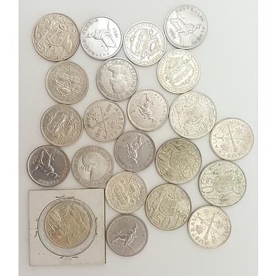 Assorted Australian Silver Coins including 1966 Round 50 Cents and Commemorative Florins