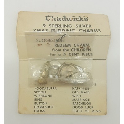 Vintage Packet of Chadwick's 9 Sterling Silver Christmas Pudding Charms