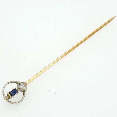 14ct and 18ct Gold Scarf Pin with Old Cut Diamond and Sapphire