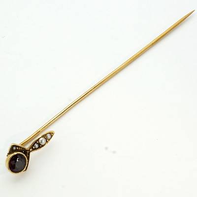 9ct Yellow Gold Scarf Pin With Seed Pearl and Garnet Topped Doublet