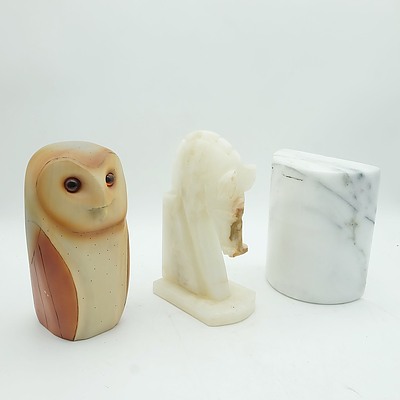 Hand Carved and Painted Owl Figure, Alabaster Horse Form Bookend and Another