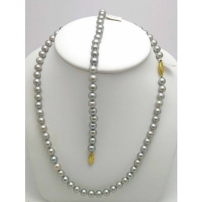 Silver-black Cultured Pearl Necklace & Bracelet Set with 9ct Gold Clasp