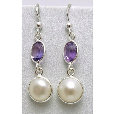 Sterling Silver Amethyst & Pearl Drop Earrings