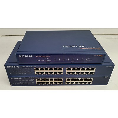 NetGear JGS524 v2 ProSafe 24-Port Gigabit Managed Switches & FVS318 ProSafe VPN Firewall - Lot of Three