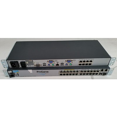 HP ProCurve 2610-24 24-Port Switch & 513735-001 KVM Console - Lot of Two