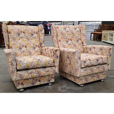 Two Floral Wingback Armchairs