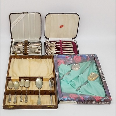 Group of Boxed Silver Plated Flatware Set Including Atkinson Brothers, Grosvenor, and Wiltshire