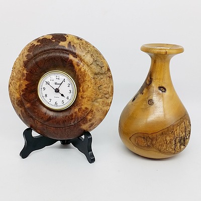 Hermle Malla Burl Clock and Camphor Laurel Wooden Vase