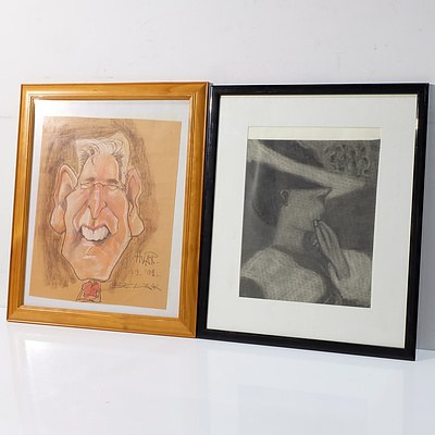 Three Graphite Works Including A Caricature, and Bush Hut Murray 1986
