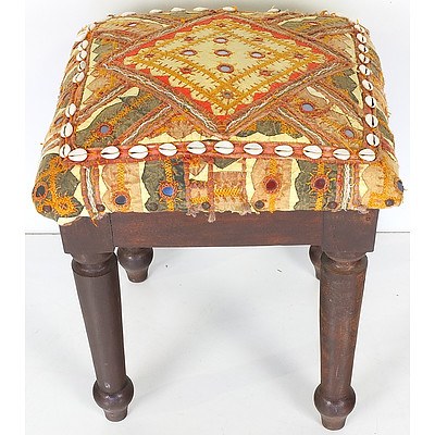 Vintage Piano Stool with Shell and Mirror Inset Upholstery