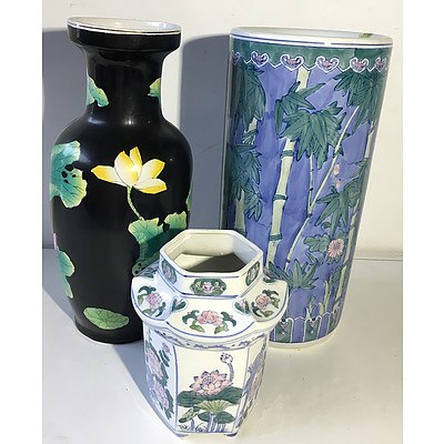 Two Contemporary Asian Vases and Umbrella Stand