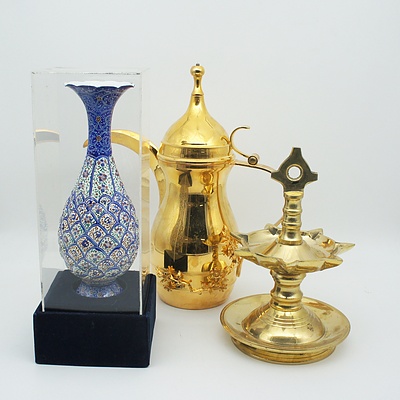 Persain Minkari Type Enamelled Metal Vase, Asian Coffee Pot, and Indian Brass Lamp