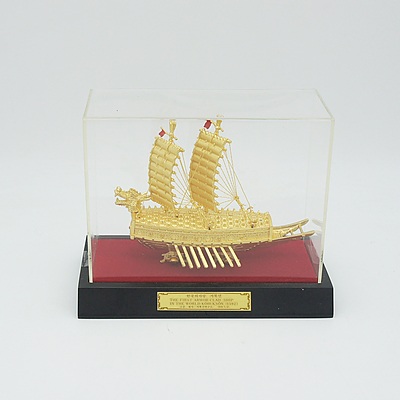 Model of The World's First Armored Turtle Ship Large and Small Version 24K Gold Plated Keo Buk Sun In Display Case