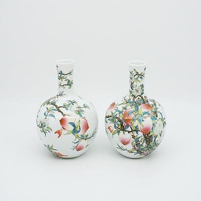 Pair of Contemporary Chinese Famille Rose Peaches Vases