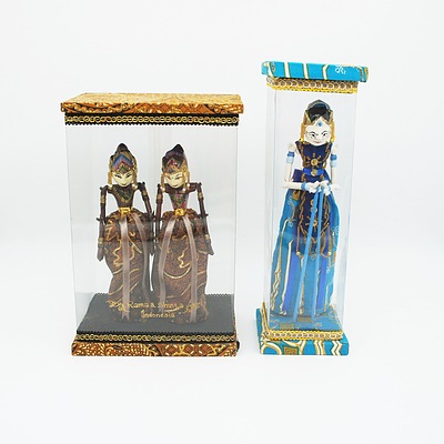 Three Boxed Traditional Indonesian Wayang Rod Wooden Puppets