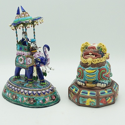 One Stylised Chinese Lion and One Indian Parade Elephant Ornament