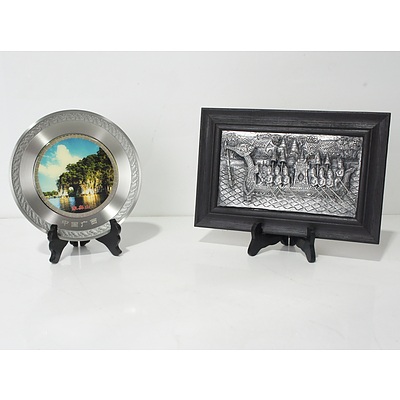 Pewter Plate with Image of Guangxi Zhuang Autonomous Region and Pewter Display Depicting South East Asian Boat Race