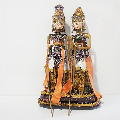 Pair of Indonesian Wayang Golek Wooden Rod Puppets