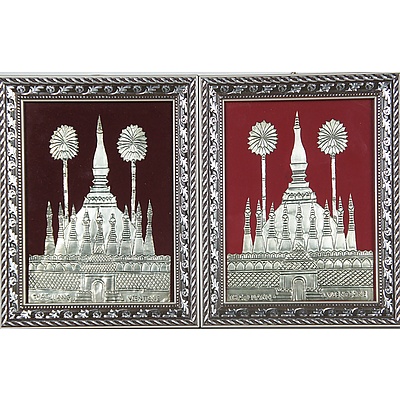 Pair of Laotian Embossed and Chased Metal Plaques of Pha That Luang in Vientiane