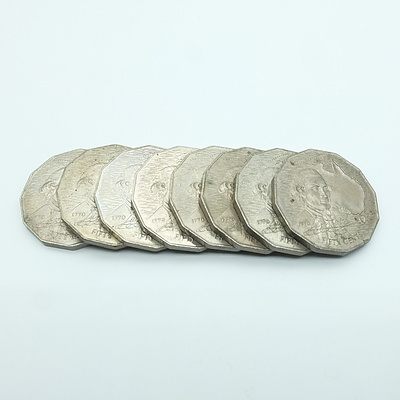 Eight Australian 1970 Captain Cook 50 Cent Coins