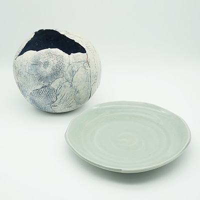 Studio Pottery Dish and Vase with Cobalt Blue Internal Glaze