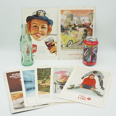Group of Vintage Coca Cola Advertisements, Vintage 6 1/2 Oz Bottle and a Coke Money Box