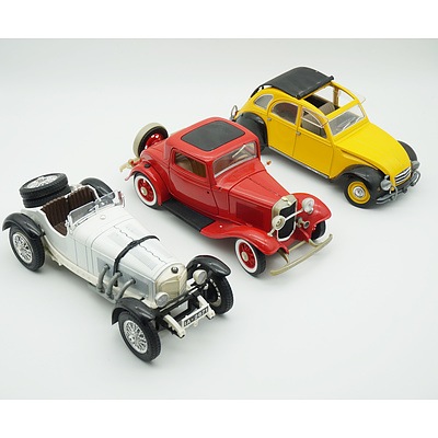 Three Model Cars, Including Burago 1/18 Mercedes Benz, Road Legends 1/18 1932 Ford Three Window Coupe and 1/17 Solido Citroen 2CV