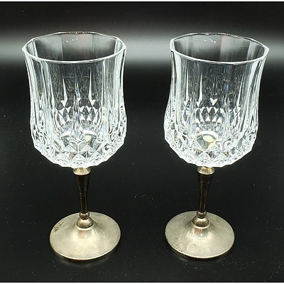 Two Silver Plated Decanters and Two Silver Plated Crystal Wine Glasses