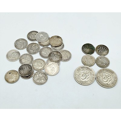 Two 1943 George VI Shillings and Twenty-Three Three Pence Coins