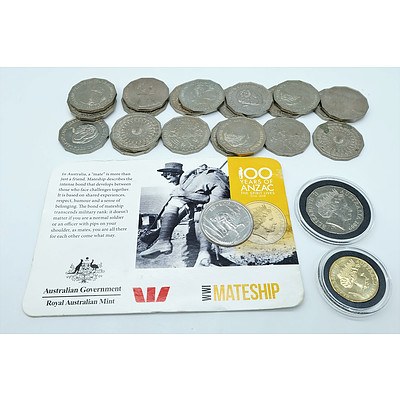 Group of Australian Coins Including 20c WW1 Mateship Coin and More