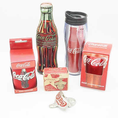 Group of Coca Cola items, Including Bottle Opener, Aluminium Tumbler, Coffee Mug, Tin and Can Cooler