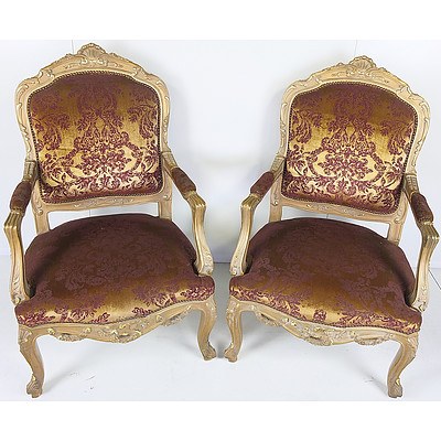 Pair of Louis Style Giltwood and Brocade Upholstered Grand Armchairs