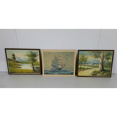 Three Landscape Oil on Boards and One Nautical Offset Print