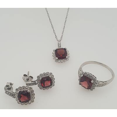 Sterling Silver Ruby and Diamond Jewellery Set