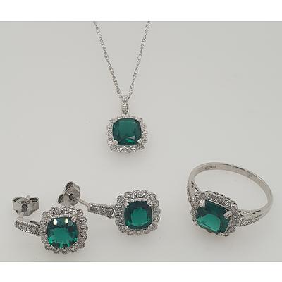 Sterling Silver Emerald and Diamond Jewellery Set