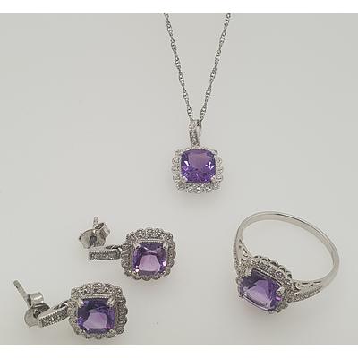 Sterling Silver Amethyst and Diamond Jewellery Set