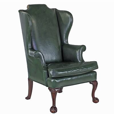 Quality Tall Wingback American Chippendale Style Armchair with Brass Studded Mottled Dark Olive Green Leather Upholstery