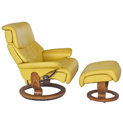 Norwegian Ekornes Stressless Recliner Armchair and Ottoman with Unusual Lemon Yellow Leather Upholstery