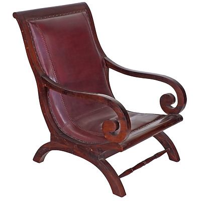 Reproduction Dutch Colonial Style Settler's Armchair with Leather Upholstery