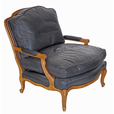 Quality American Made Louis Style Carved Beech and Leather Upholstered Grand Armchairs
