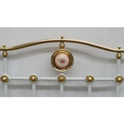 Pair of Vintage Single Beds with Painted Porcelain Medallions and Brass Finials