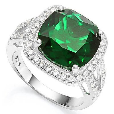 Sterling Silver Ring - Synthetic Emerald with Synth White Sapphire