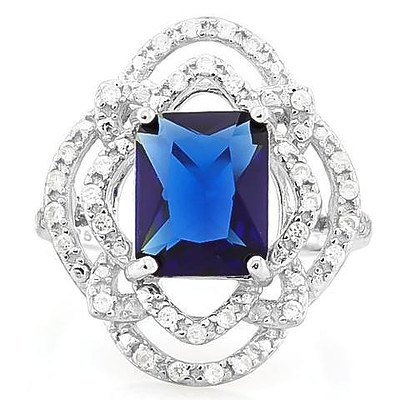 Sterling Silver Ring - Large Synthetic Blue Sapphire with CZ